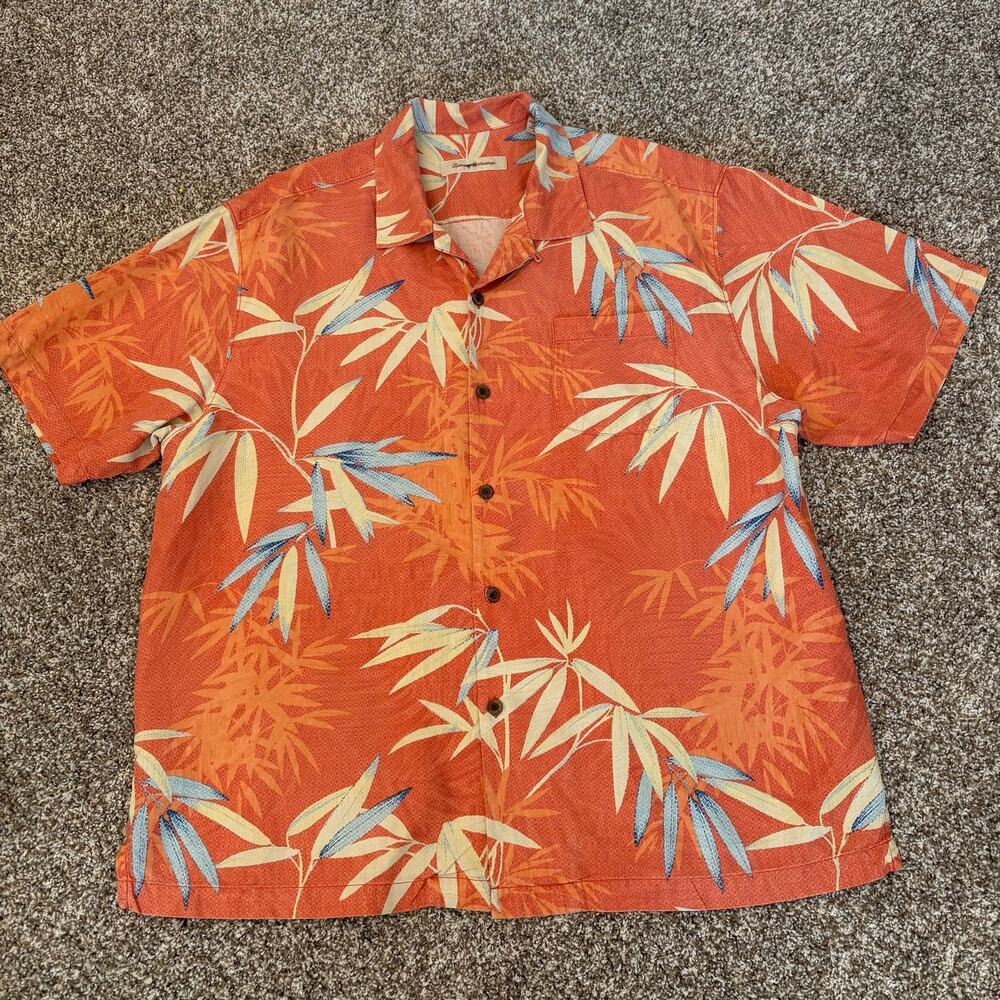Tommy Bahama 100% Silk Hawaiian Camp Shirt  XL Orange Bamboo Leaf Tropical Aloha